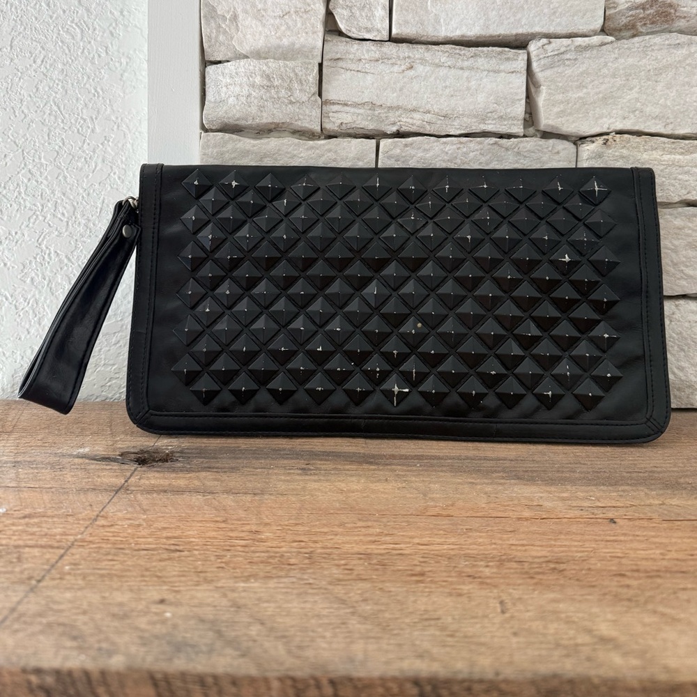 H&M Black Distressed Studded Faux Leather Wrist Clutch